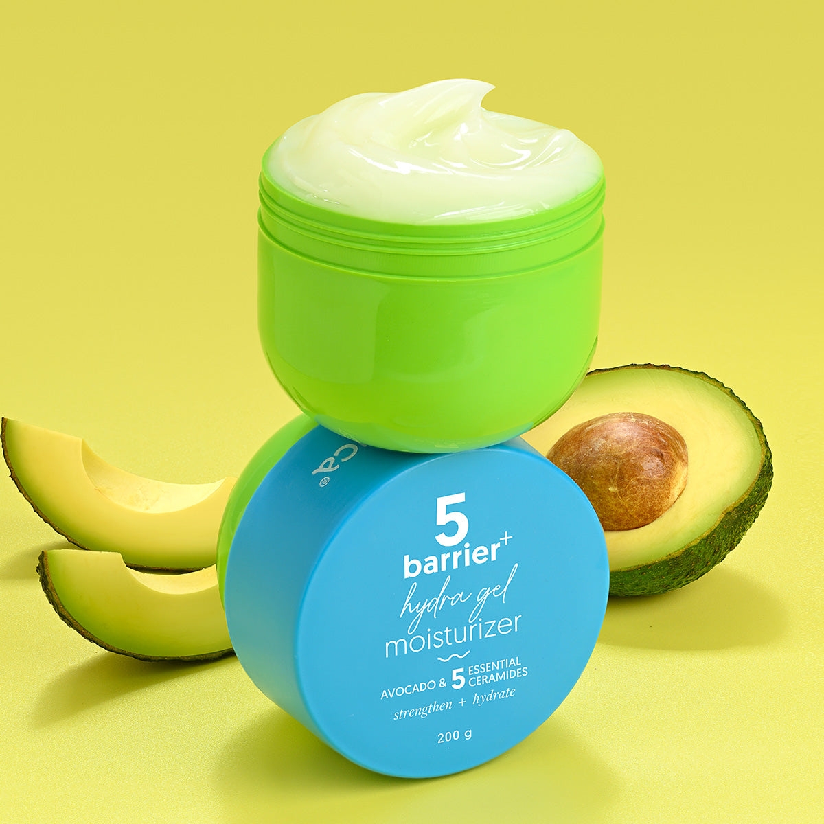 Aqualogica Barrier+ Hydra Gel moisturizer jar with avocado