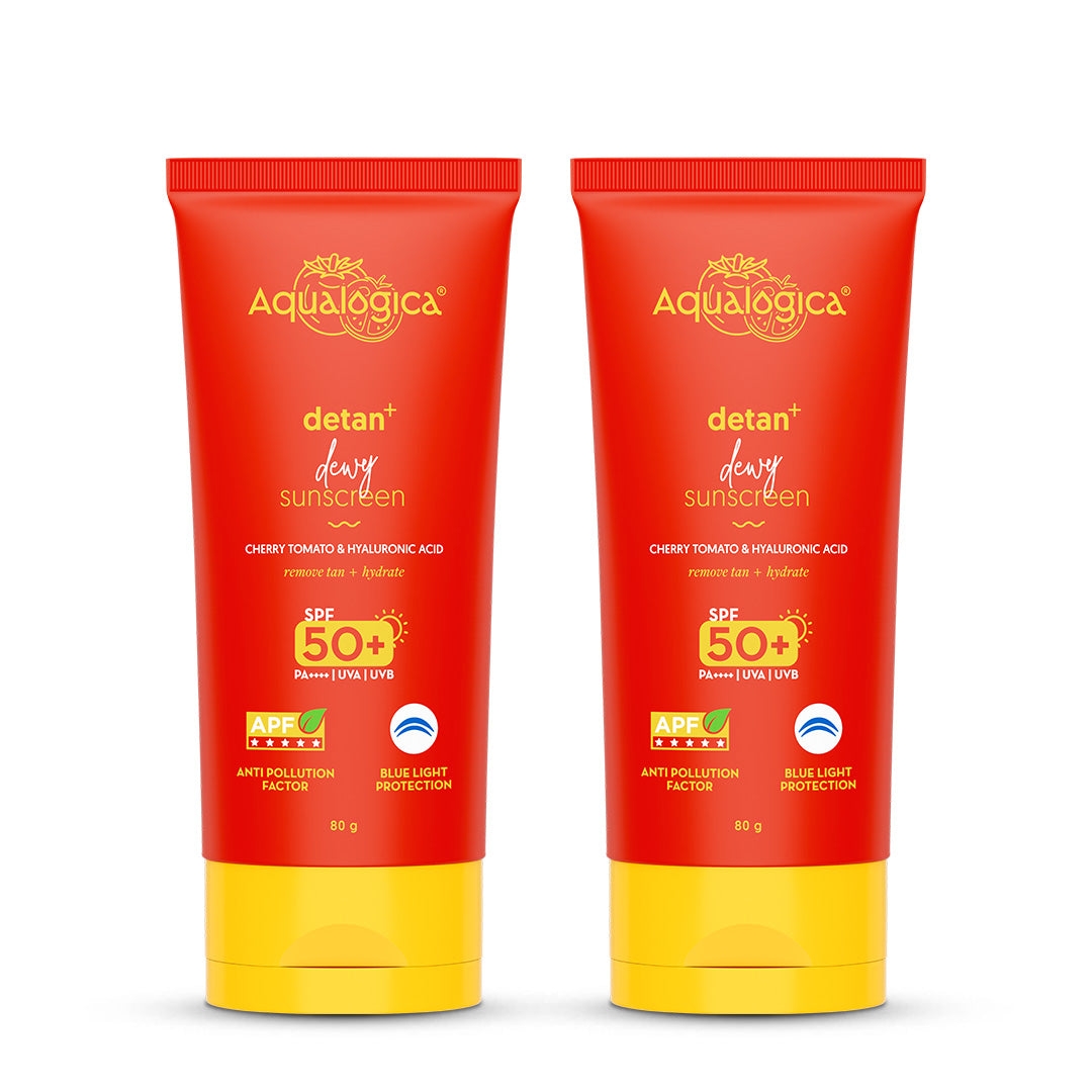 Detan+ Dewy Sunscreen In-Vivo Tested SPF 50+ PA++++ with Cherry Tomato & HA - 80 g (Pack of 2)