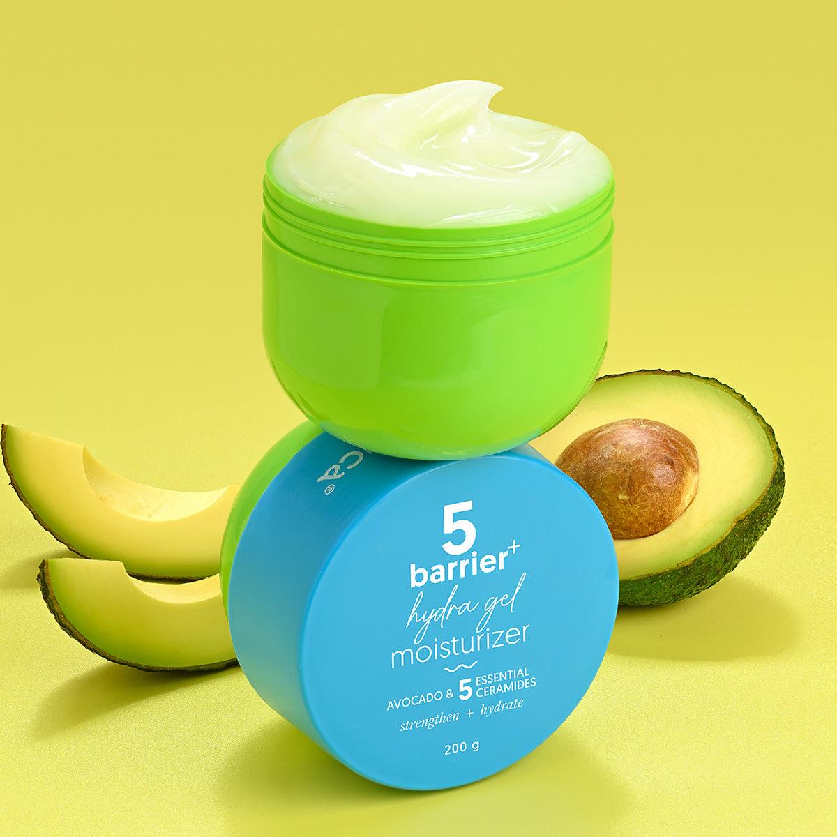 Aqualogica Barrier+ Hydra Gel moisturizer jar with avocado