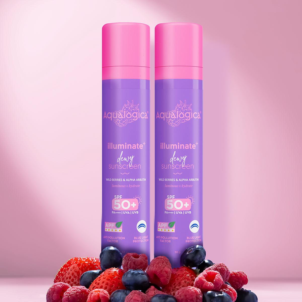 Illuminate+ Dewy Sunscreen In-Vivo Tested SPF 50+ PA++++ with Wild Berries & Alpha Arbutin - 50 g(Pack of 2)