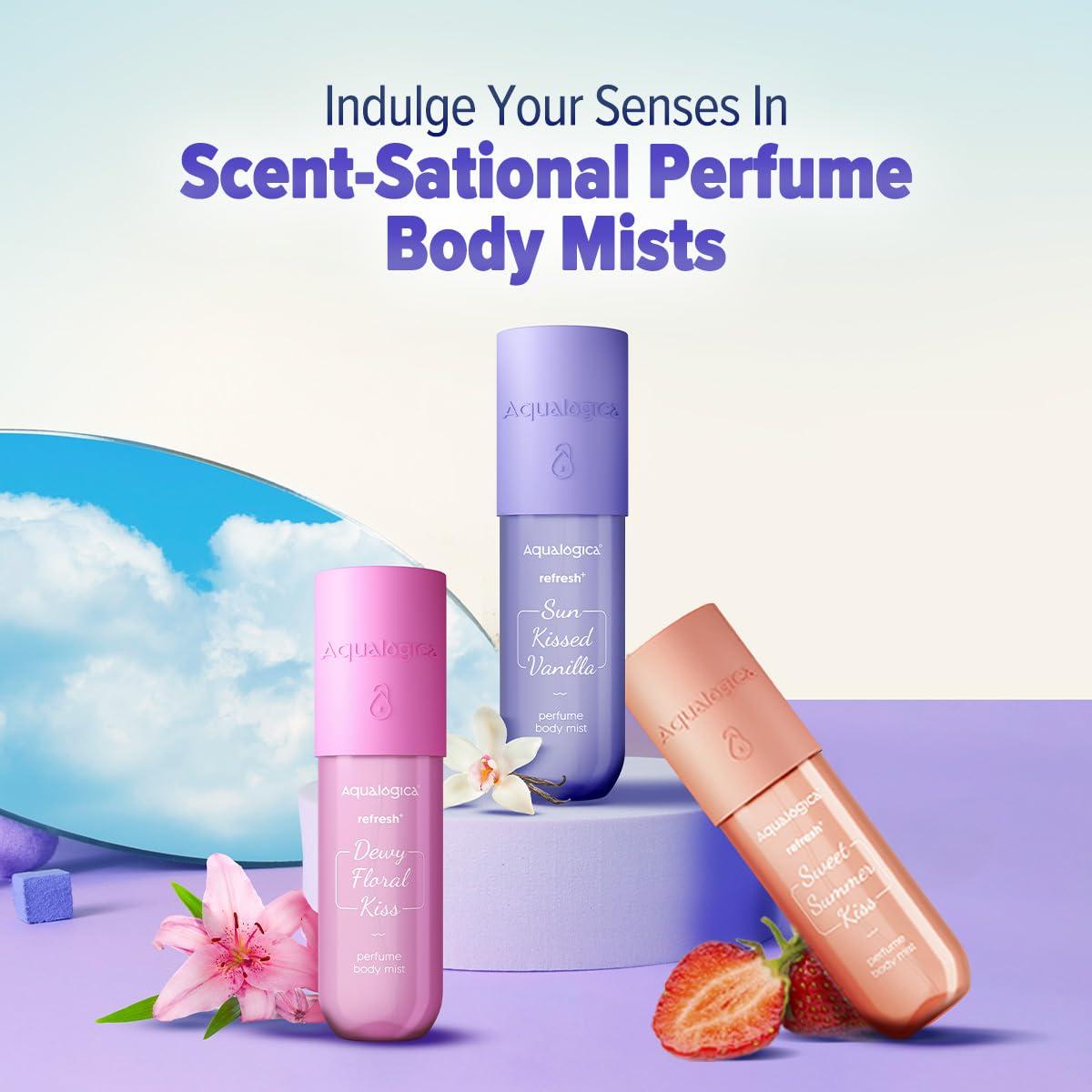 Aqualogica body mist trio with three colorful perfume variants

