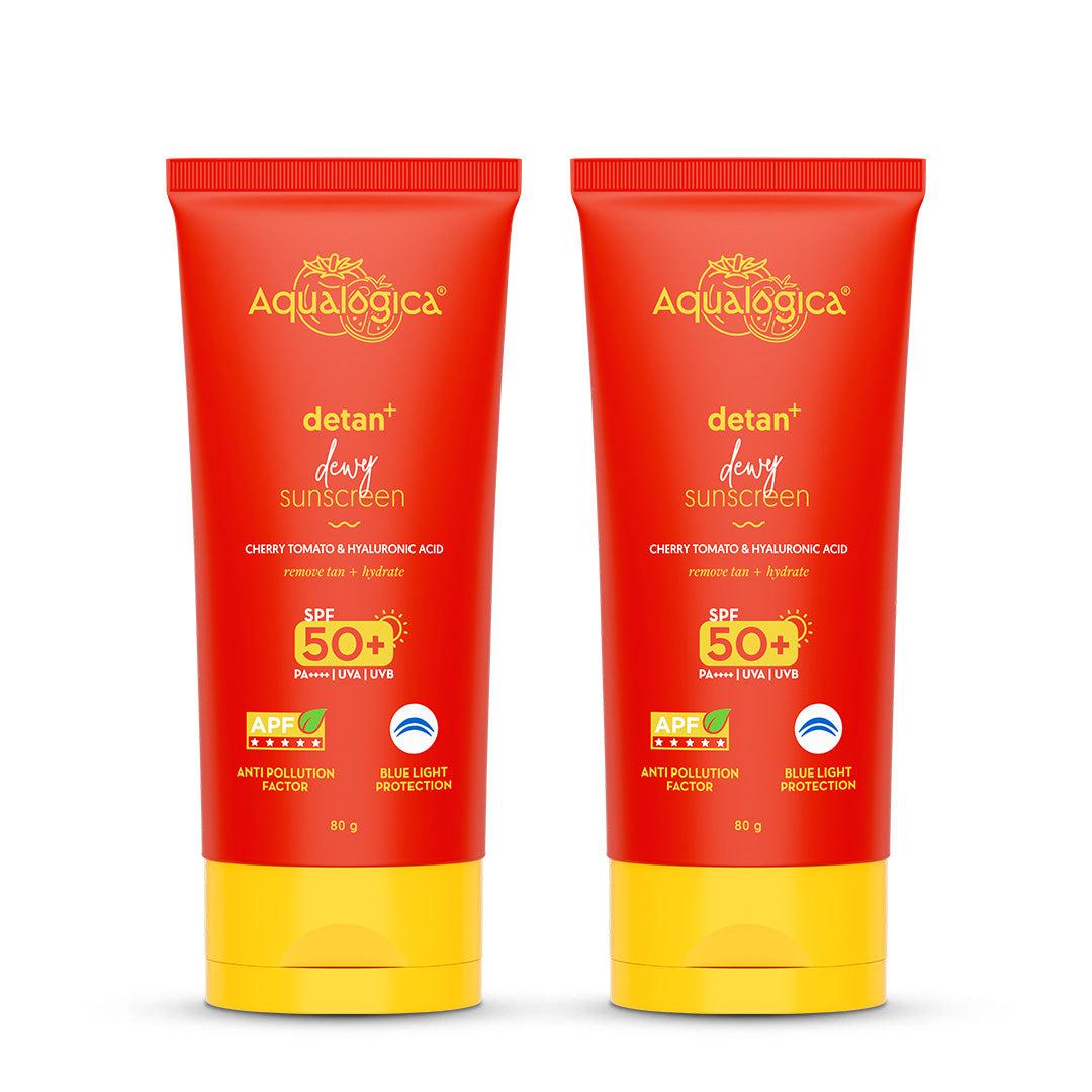 Detan+ Dewy Sunscreen In-Vivo Tested SPF 50+ PA++++ with Cherry Tomato & HA - 80 g (Pack of 2)
