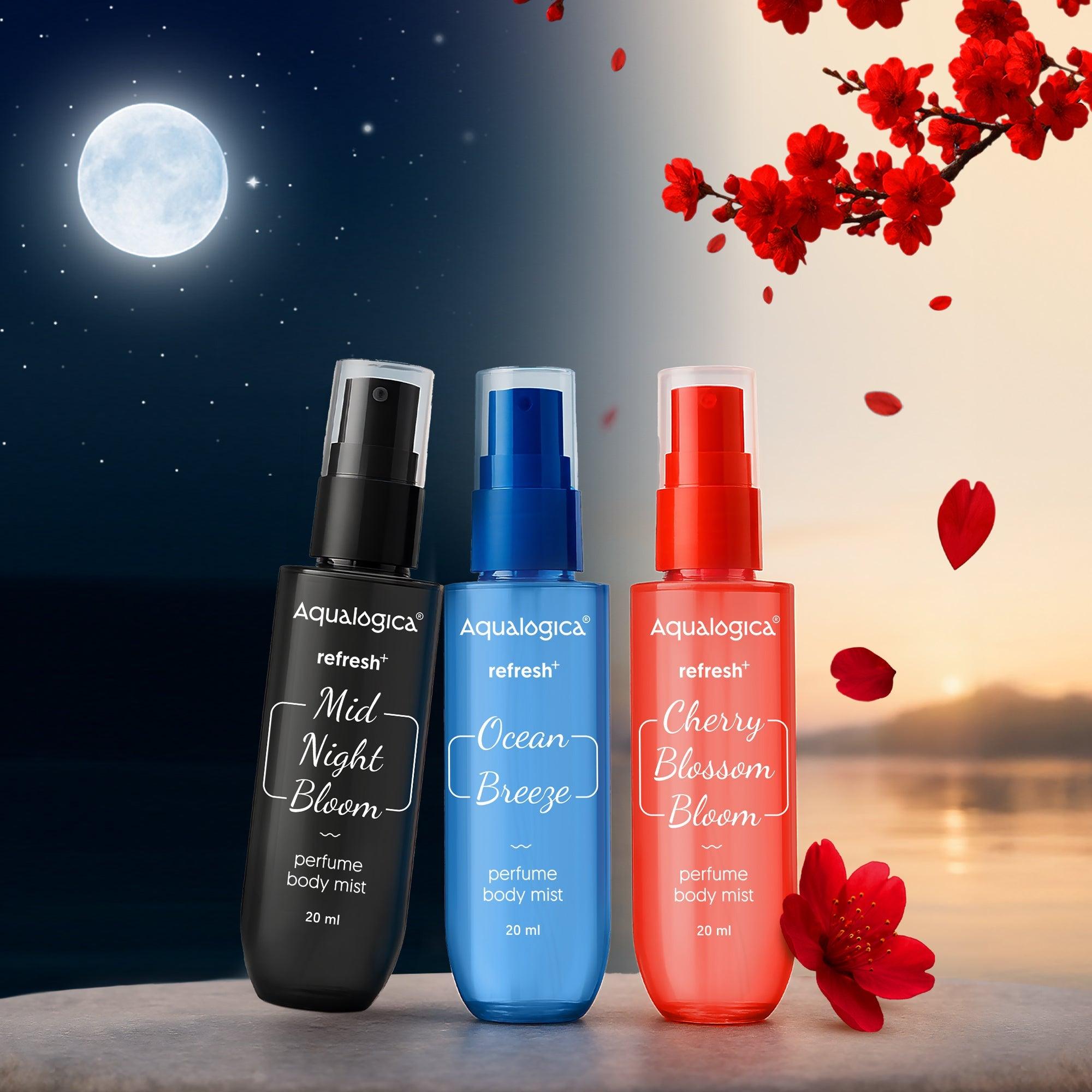 Aqualogica perfume body mist set with three colorful variants 