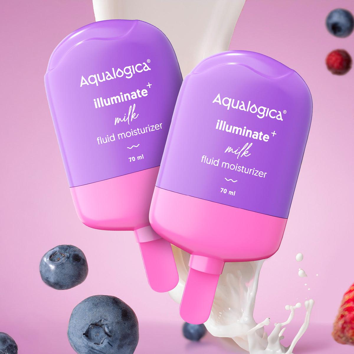 Illuminate+ Milk Fluid Moisturizer bottles with blueberries and milk 