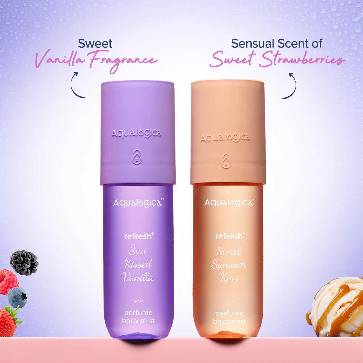 
Strawberry and vanilla body mist duo with contrasting scent notes
