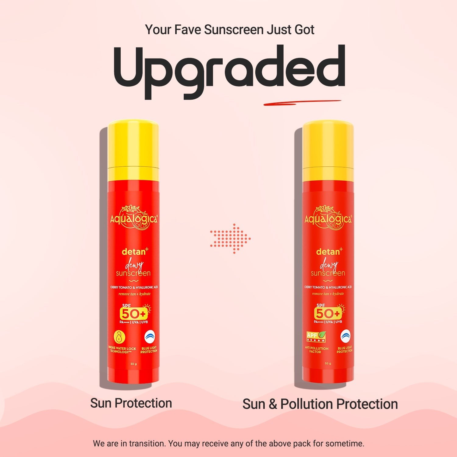 Two bottles of detan sunscreen with text about an upgrade on a pink background