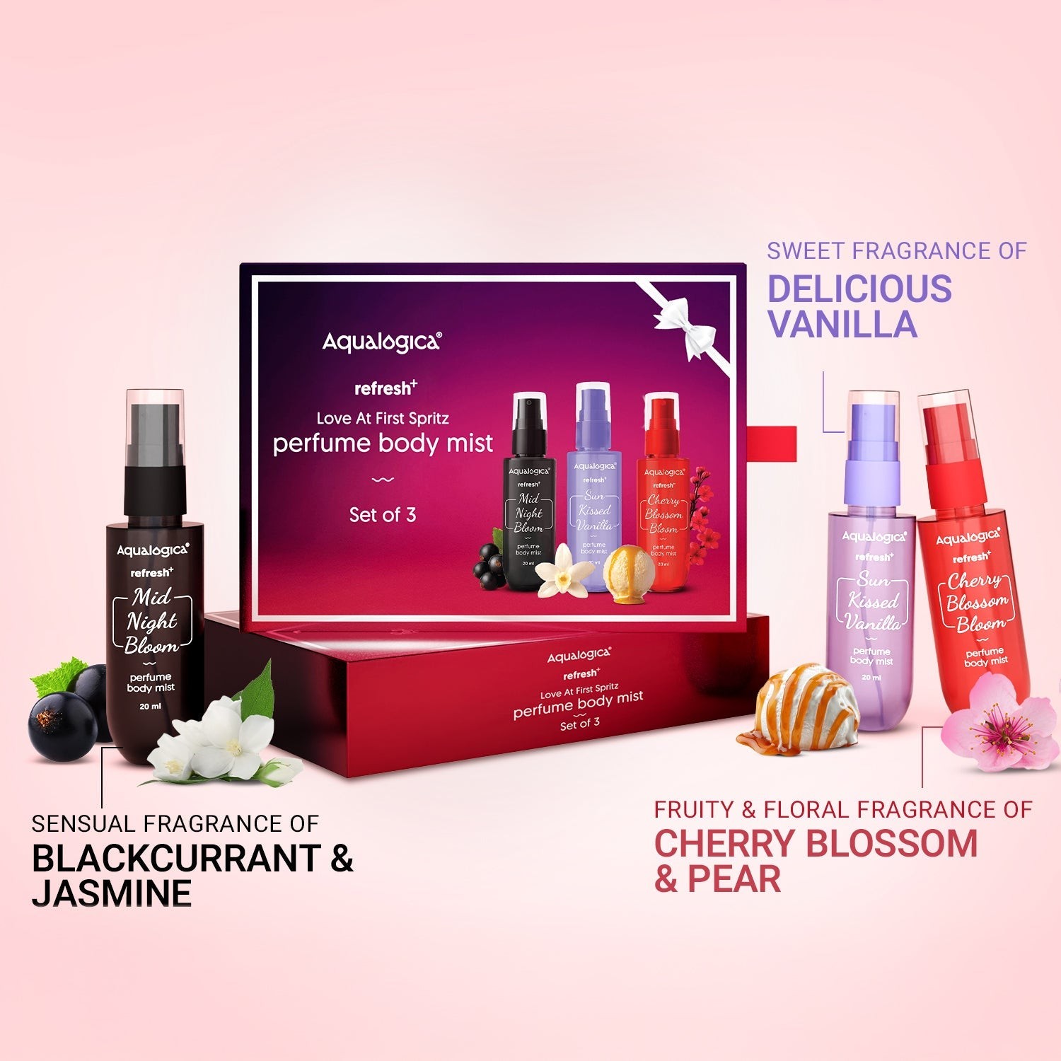 Pink gift packaging featuring mini perfume sprays and ribbon 