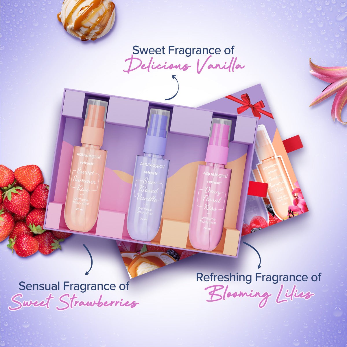 
Body mist collection with fruity and floral scent options
