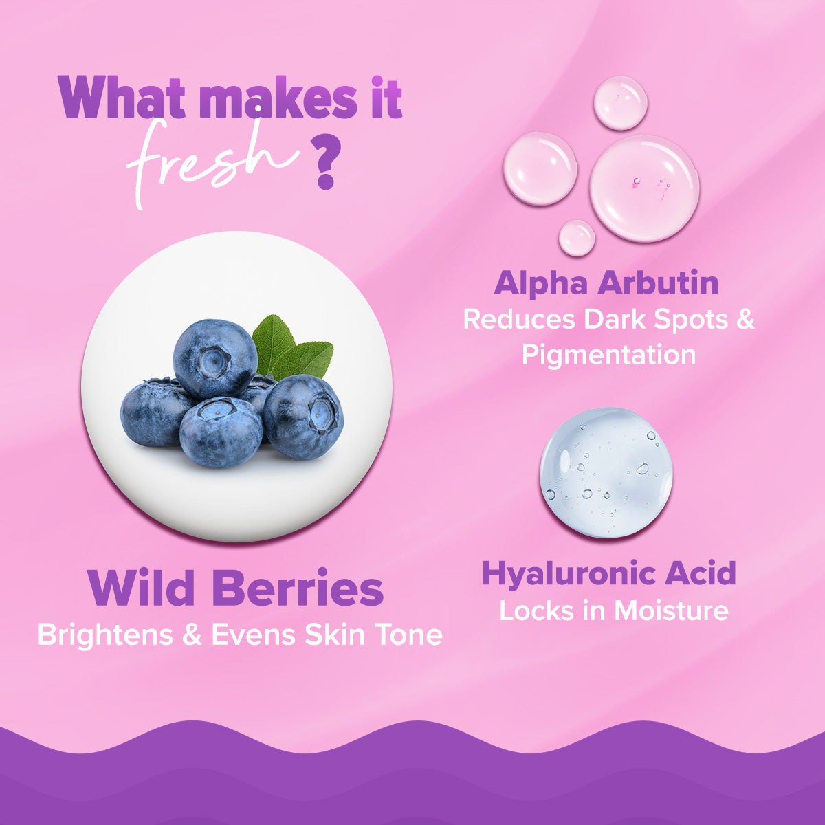 Wild berries, alpha arbutin and hyaluronic acid ingredient 