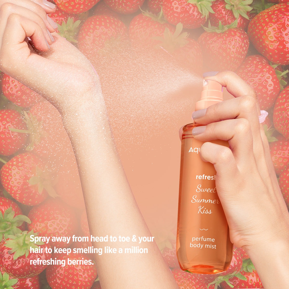 

Skin is being sprayed with refreshing fruity perfume mist
