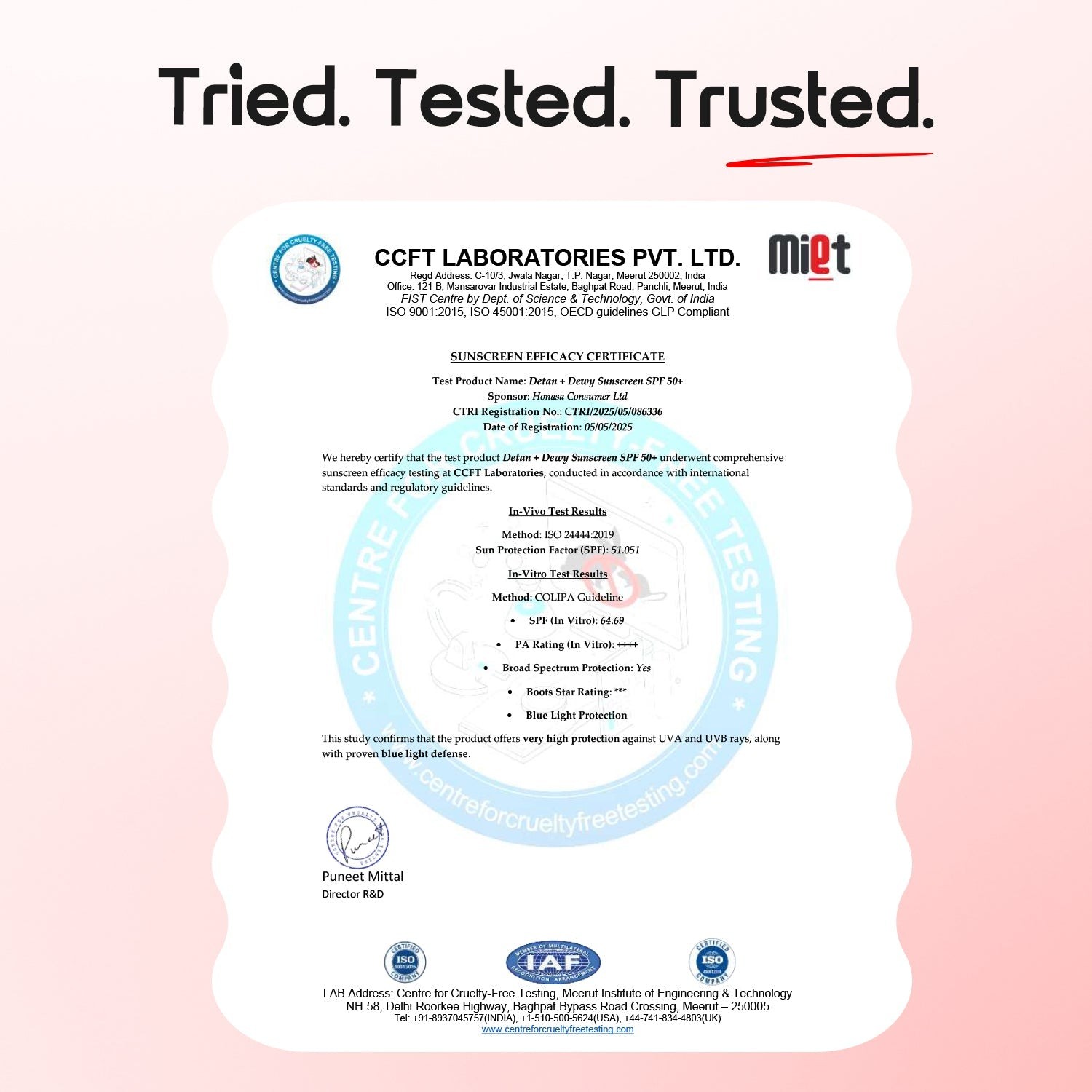 Certification document from CCFT Laboratories with 'Tried. Tested. Trusted.' text above.