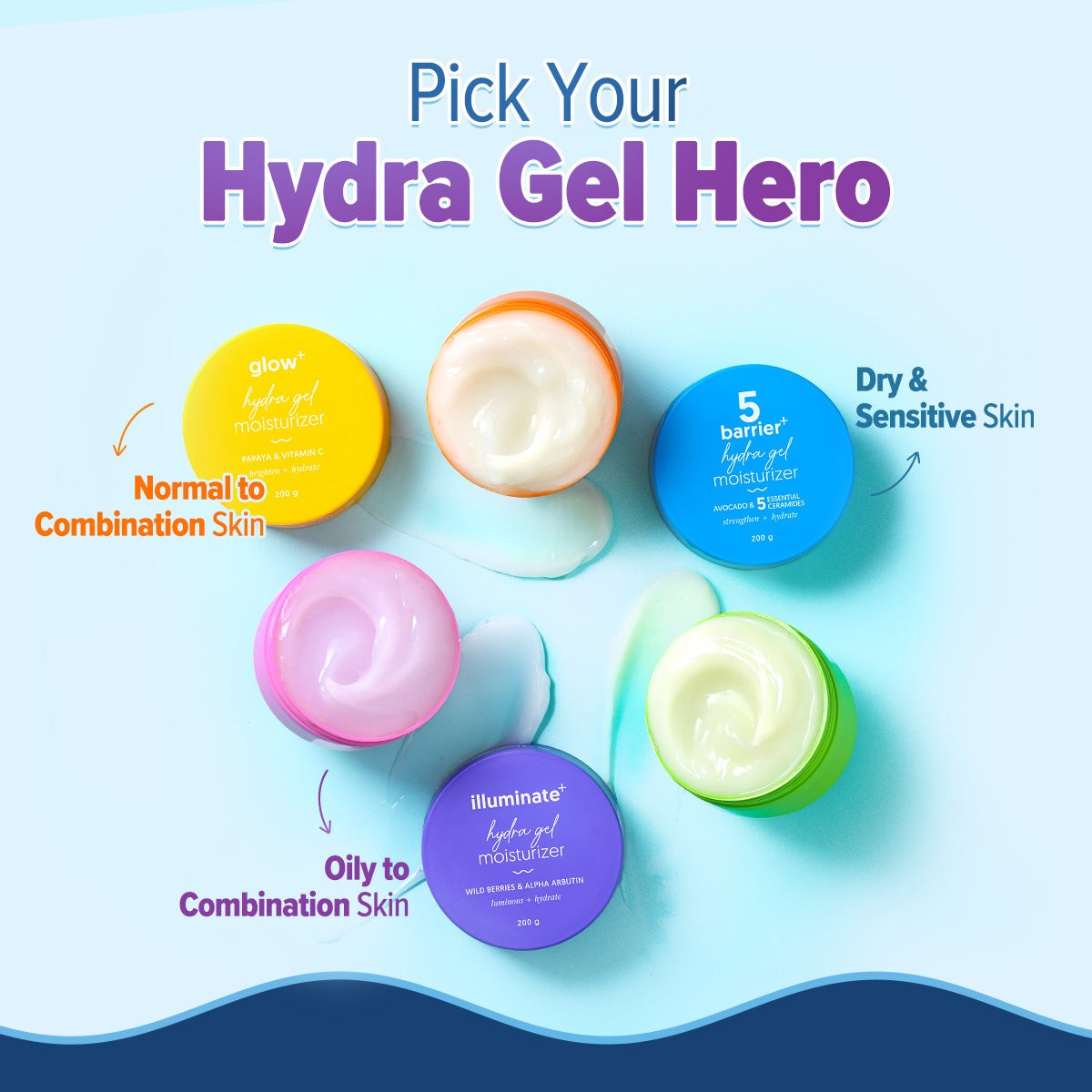 Aqualogica Hydra Gel moisturizer range in colorful jars