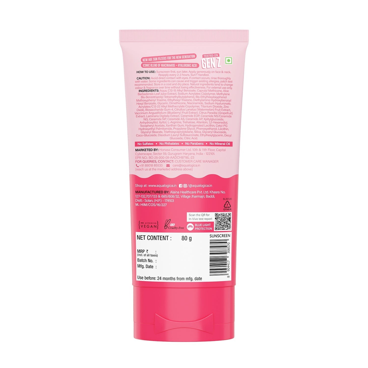 Aqualogica radiance sunscreen 80g tube side view