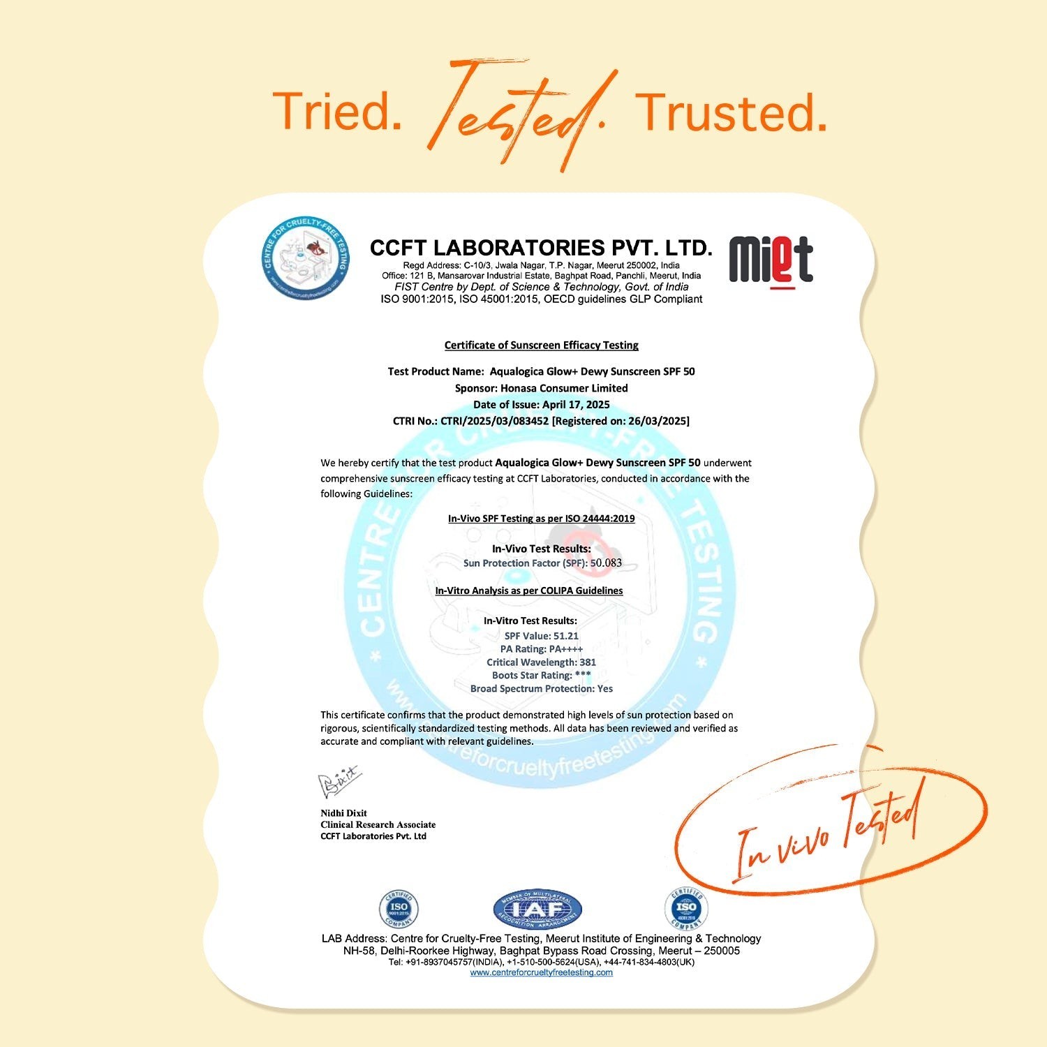 Certificate from CCFT Laboratories Pvt. Ltd. on a beige background with text and logos.