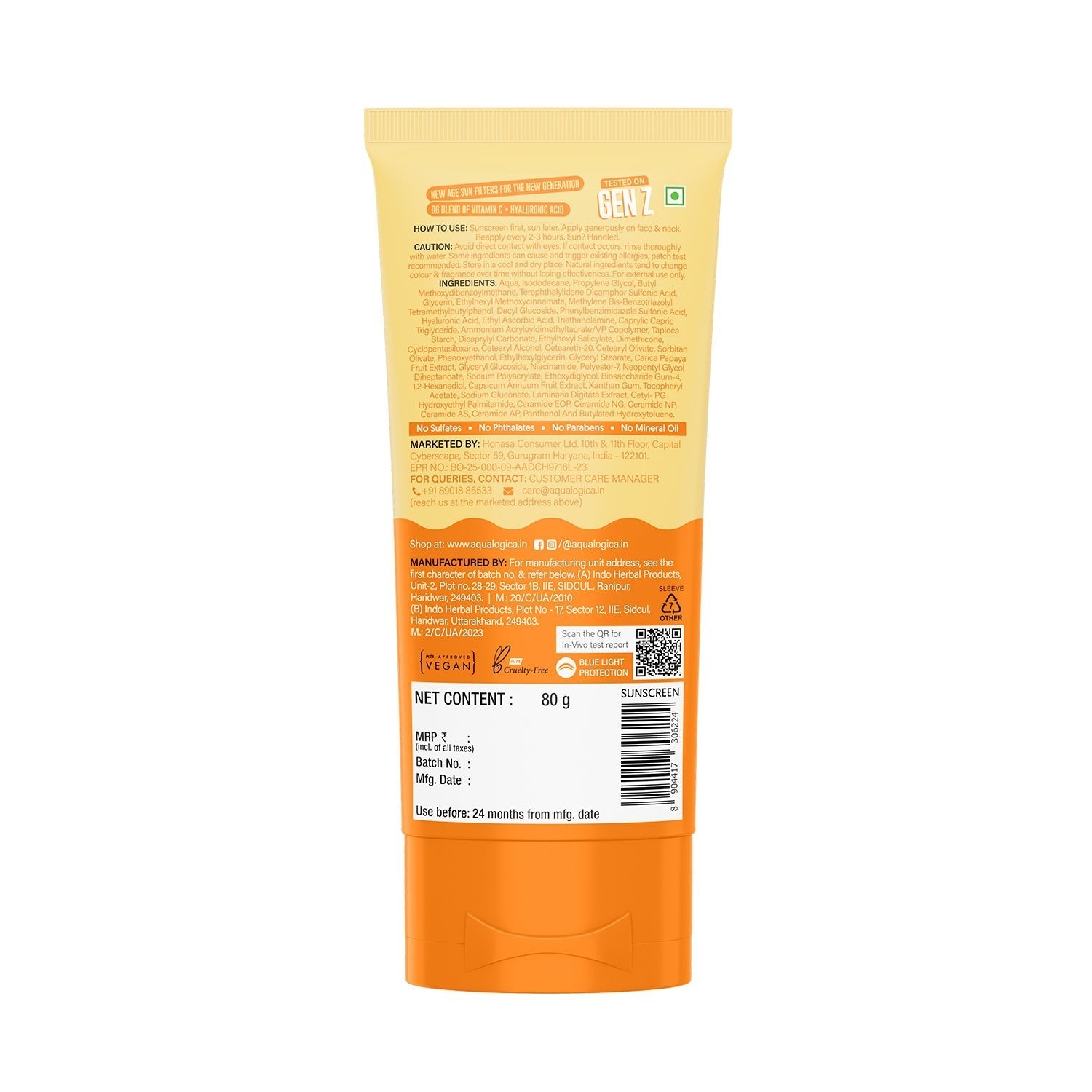 Back view of a glow sunscreen tube with label on a white background