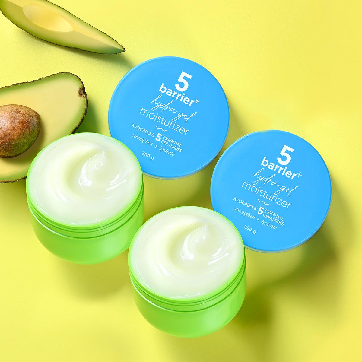 Twin Barrier+ Hydra Gel jars with avocado