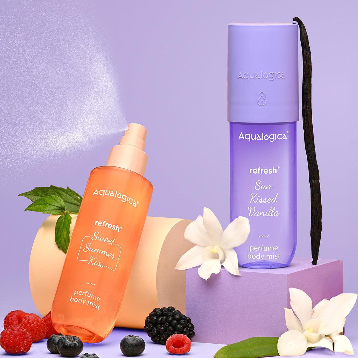 Aqualogica strawberry body mist with fruity and vanilla fragrance