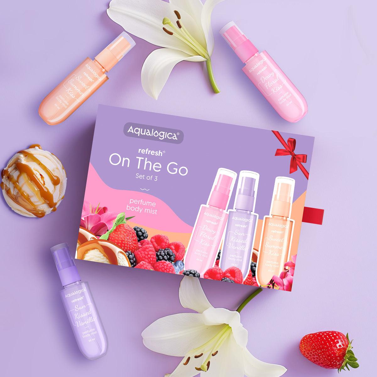 Aqualogica mini body mist set with three fragrance variants