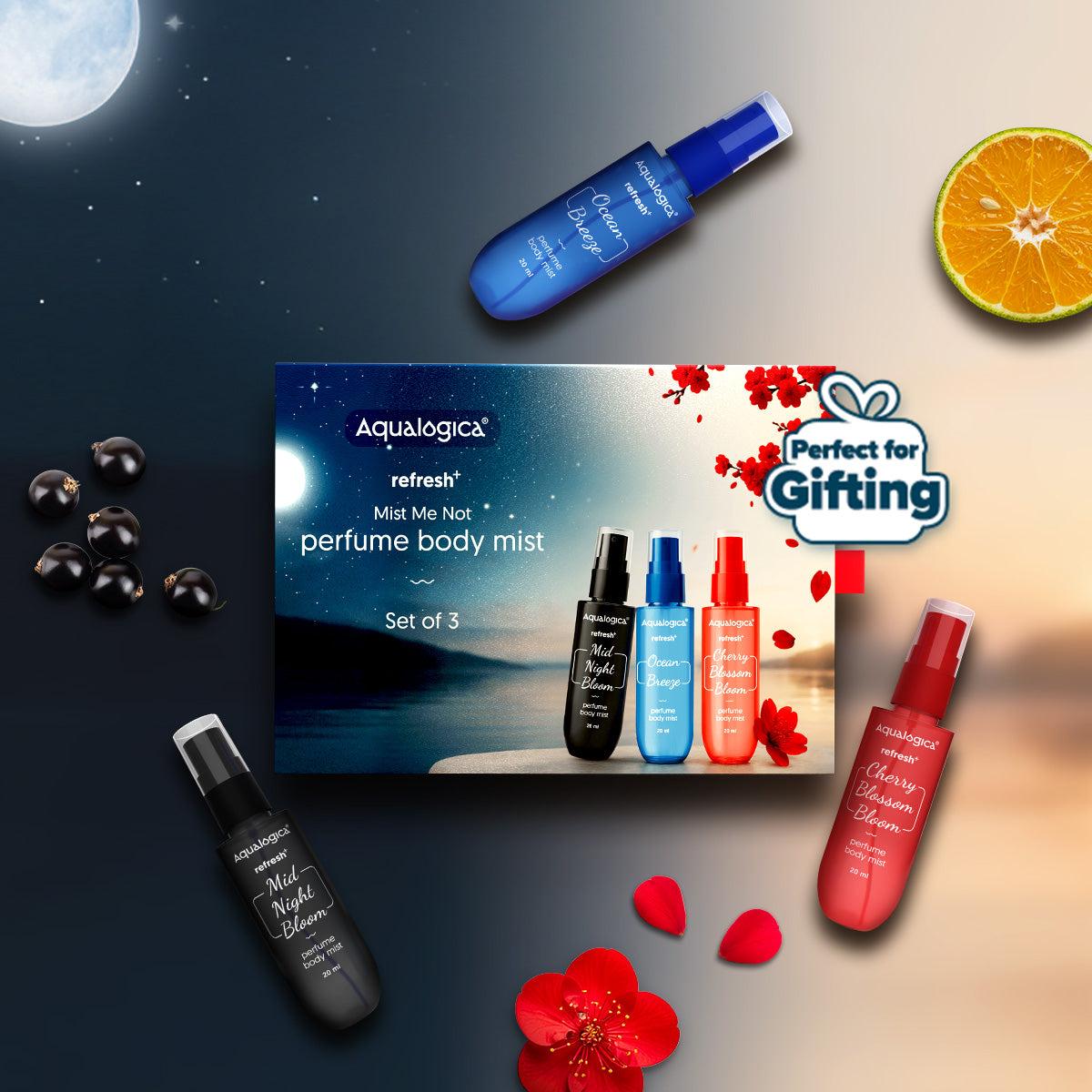 Aqualogica perfume body mist set with three colorful variants