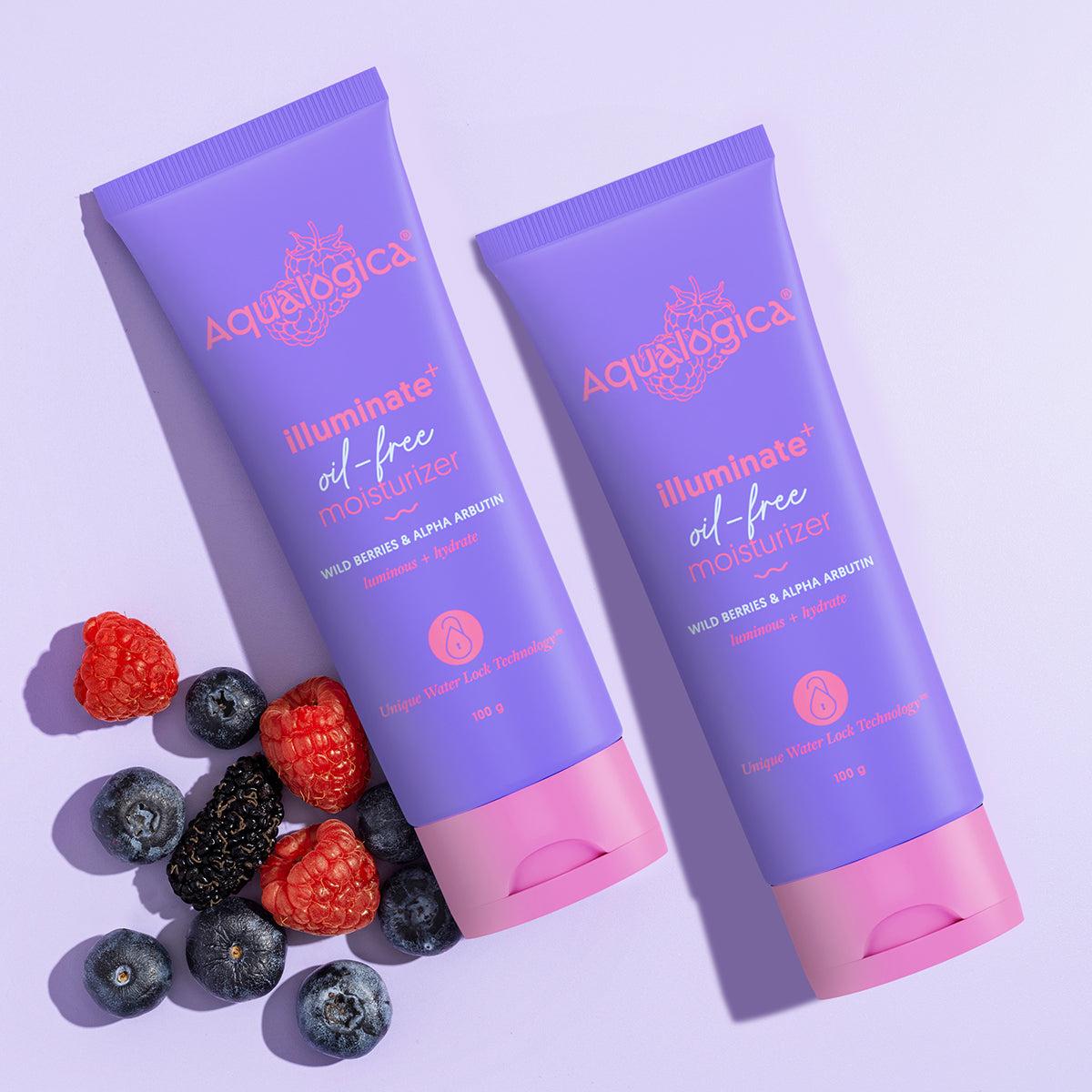 Aqualogica Illuminate oil-free moisturizer tubes with wild berries