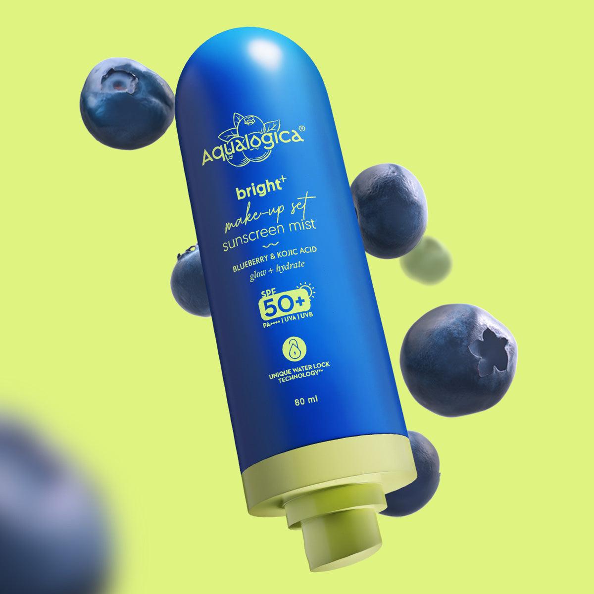 Aqualogica bright sunscreen mist SPF 50 blueberry kojic acid
